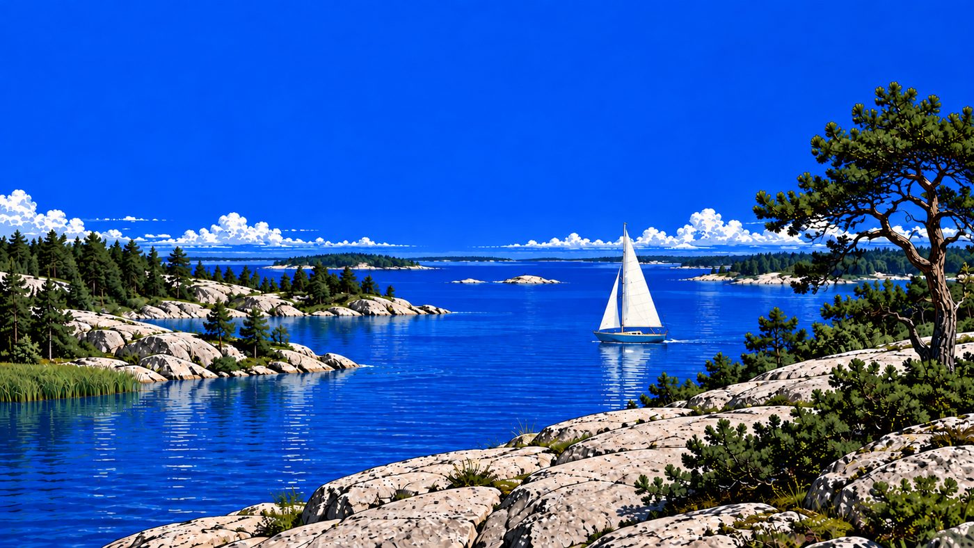 A blue H-boat sails between granite islands and Finnish pines.